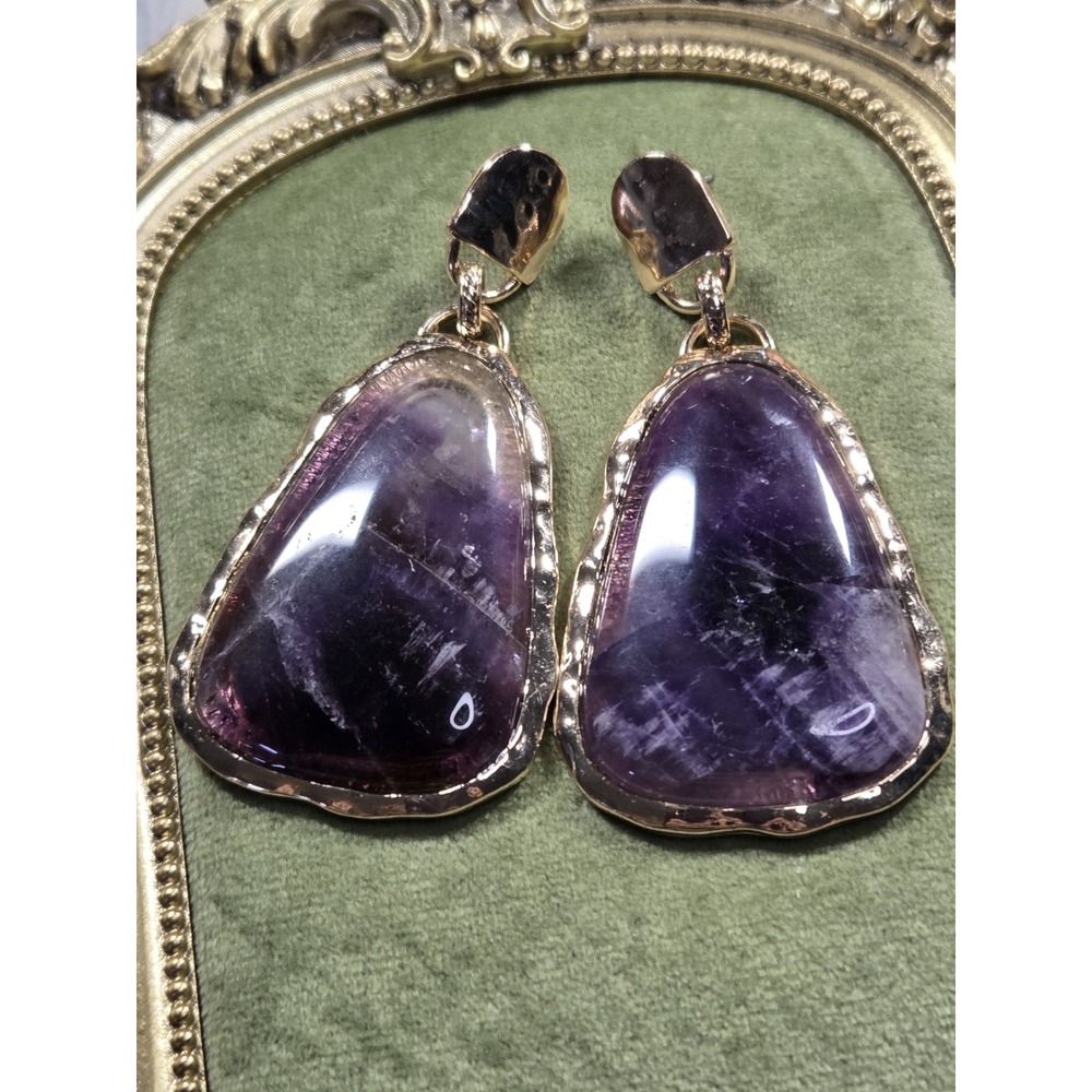 Large Chevron Amethyst Statement Earrings Gold Tone Freeform Cabochon Purple